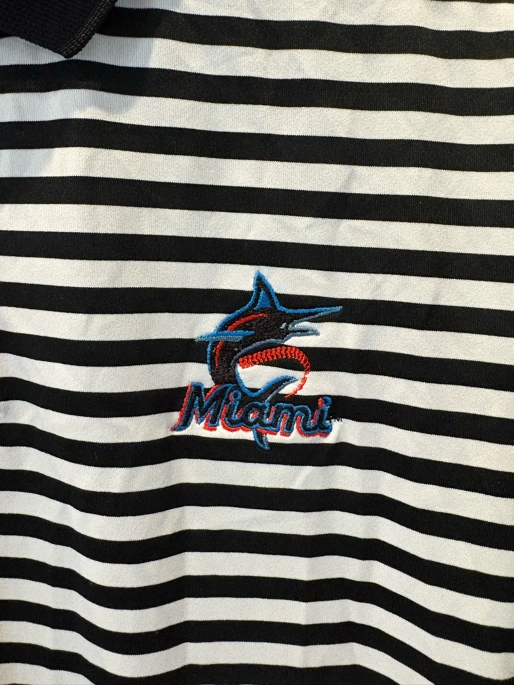 Nike Black & White Striped Polo with Embroidered Miami Marlins Logo